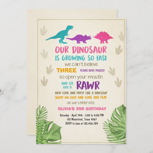 Dinosaur verjaardagsuitnodiging Girl Dinosaur Part Kaart (Voorkant / Achterkant)