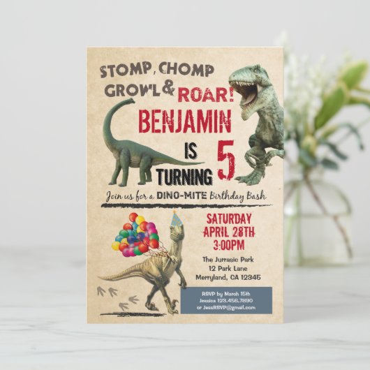Dinosaur verjaardagsuitnodiging kaart (Staand voorkant)