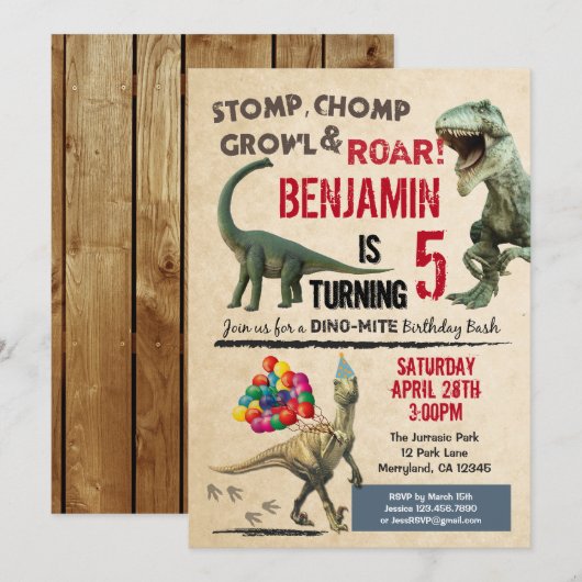 Dinosaur verjaardagsuitnodiging kaart (Voorkant / Achterkant)
