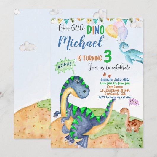 Dinosaur verjaardagsuitnodiging kaart (Voorkant / Achterkant)