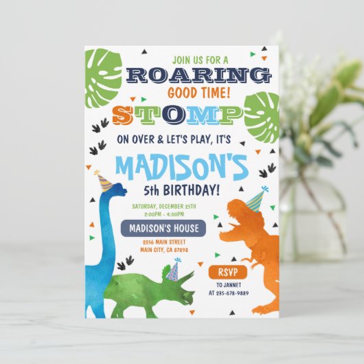 Dinosaur verjaardagsuitnodiging roar stomp op meer kaart (Staand voorkant)