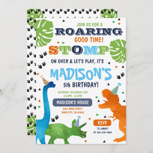 Dinosaur verjaardagsuitnodiging roar stomp op meer kaart (Voorkant / Achterkant)