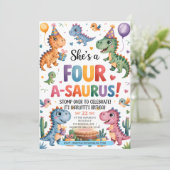 Dinosaur Vier A-Saurus 4e verjaardagsfeest T-Rex Kaart (Staand voorkant)