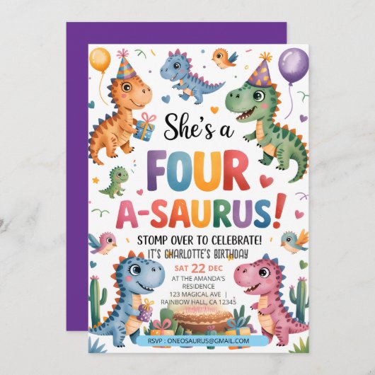 Dinosaur Vier A-Saurus 4e verjaardagsfeest T-Rex Kaart (Voorkant / Achterkant)