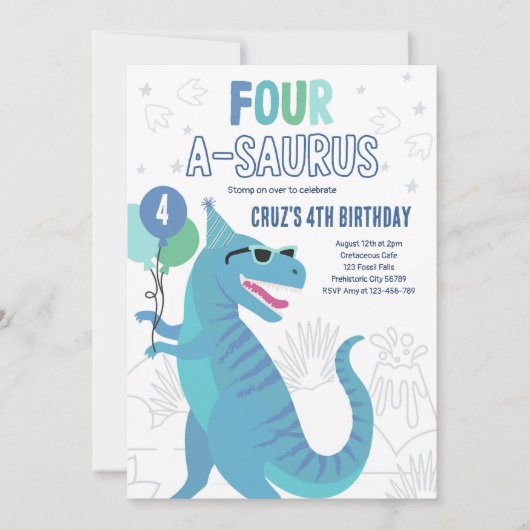 Dinosaur Vier A-Saurus 4e verjaardagsfeest T-Rex Kaart (Voorkant)