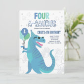 Dinosaur Vier A-Saurus 4e verjaardagsfeest T-Rex Kaart (Staand voorkant)