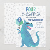 Dinosaur Vier A-Saurus 4e verjaardagsfeest T-Rex Kaart (Voorkant / Achterkant)