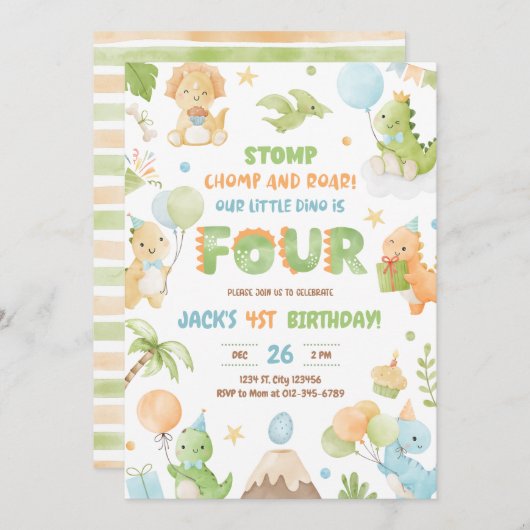 Dinosaur Vier Jongen 4e Verjaardag Uitnodiging (Voorkant / Achterkant)