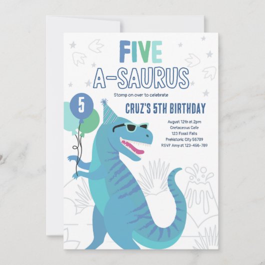 Dinosaur Vijf A-Saurus 5e Verjaardagsfeest T-Rex Kaart (Voorkant)