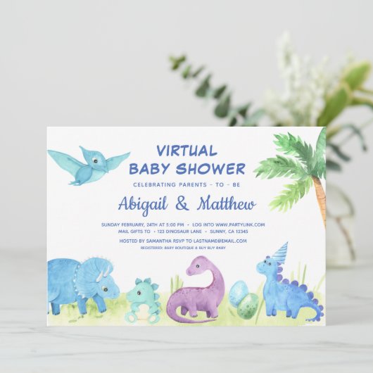 Dinosaur Virtual Baby shower Cute Invitation Aankondiging (Staand voorkant)