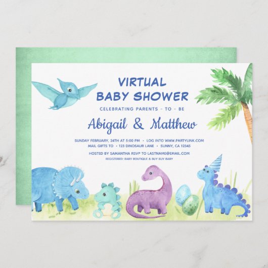 Dinosaur Virtual Baby shower Cute Invitation Aankondiging (Voorkant / Achterkant)