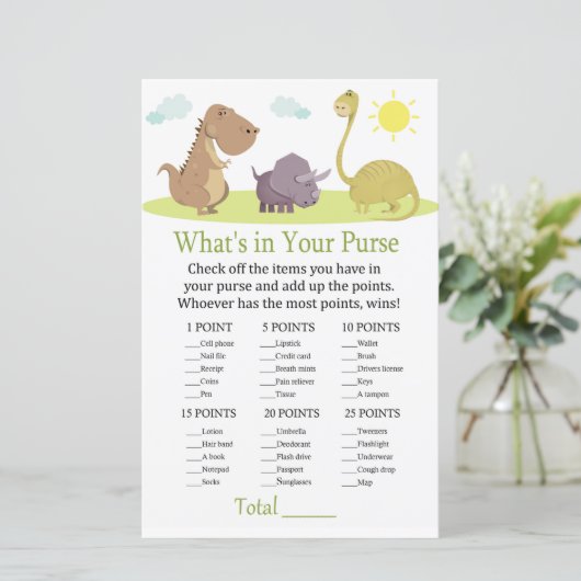 Dinosaur Wat zit er in je baby shower met handtas (Staand voorkant)