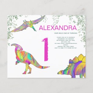 Dinosaur waterverf 1e Birthday Party roze budget Flyer