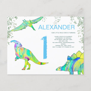 Dinosaur waterverf 1e verjaardag Begroting blauw Uitnodiging Briefkaart
