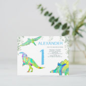 Dinosaur waterverf 1e verjaardag Begroting blauw Uitnodiging Briefkaart (Staand voorkant)