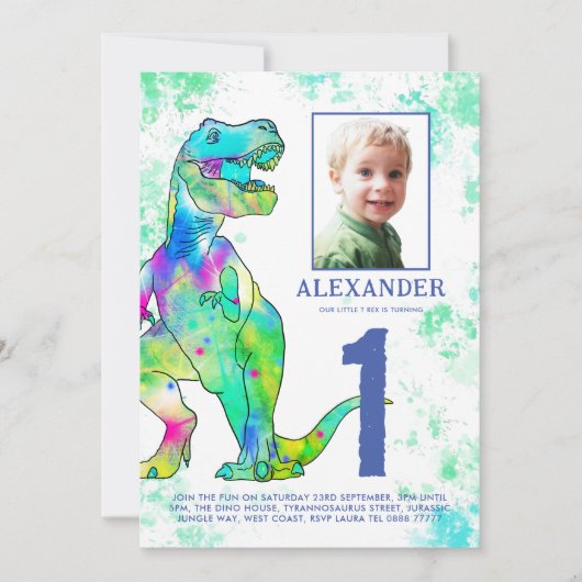 Dinosaur Waterverf 1e verjaardagsfeest Kaart (Voorkant)