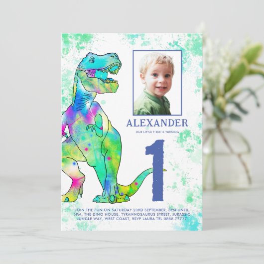 Dinosaur Waterverf 1e verjaardagsfeest Kaart (Staand voorkant)