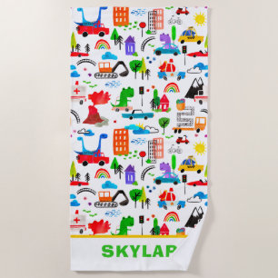 Dinosaur Waterverf Busy City Gepersonaliseerd Strandlaken