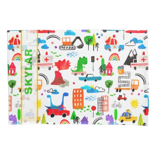 Dinosaur Waterverf Busy City Gepersonaliseerde Kin Kussensloop (Voorkant)