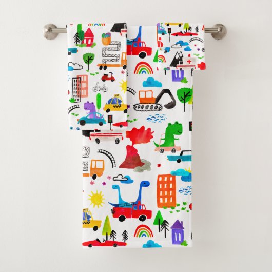 Dinosaur Waterverf Busy City Kinder auto's Bad Handdoek (Insitu)
