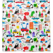 Dinosaur Waterverf Busy City Kinder auto's Douchegordijn (Voorkant)