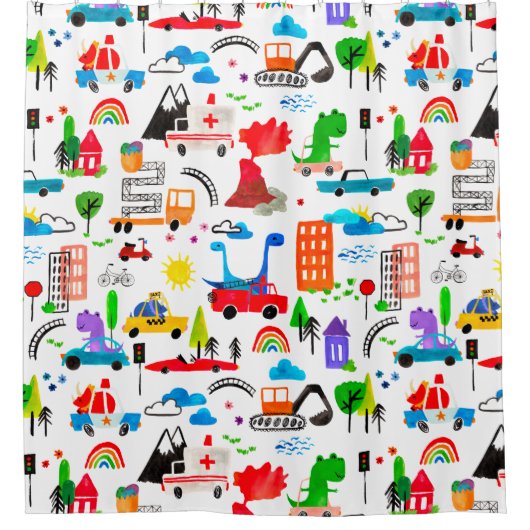 Dinosaur Waterverf Busy City Kinder auto's Douchegordijn (Voorkant)