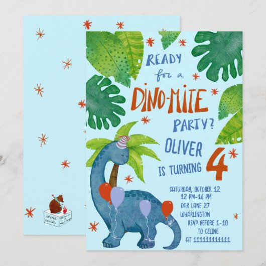 Dinosaur waterverf schattige verjaardag kaart (Voorkant / Achterkant)