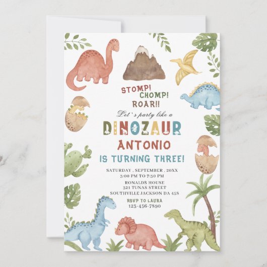 Dinosaur waterverf stomp chomp roar verjaardagsdee kaart (Voorkant)