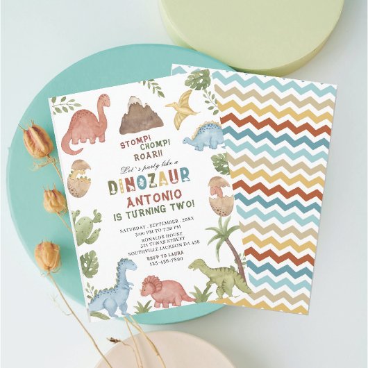 Dinosaur waterverf stomp chomp roar verjaardagsdee kaart