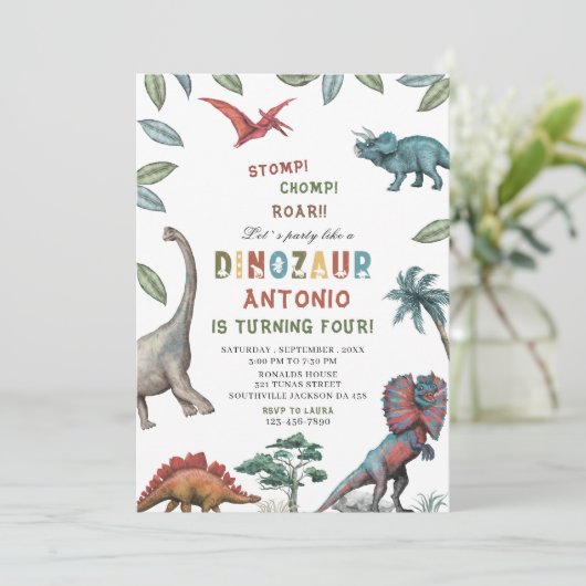 Dinosaur waterverf stomp chomp roar verjaardagsdee kaart (Staand voorkant)