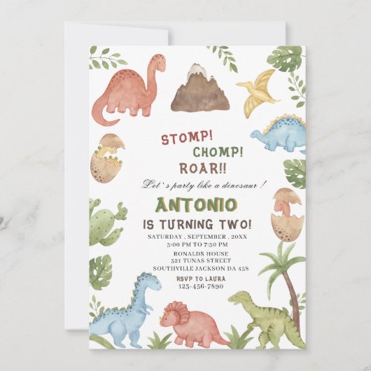 Dinosaur waterverf stomp chomp roar verjaardagsdee kaart (Voorkant)