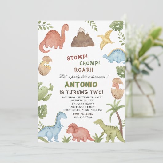 Dinosaur waterverf stomp chomp roar verjaardagsdee kaart (Staand voorkant)