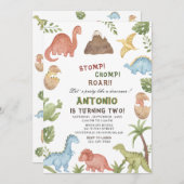 Dinosaur waterverf stomp chomp roar verjaardagsdee kaart (Voorkant / Achterkant)