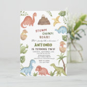 Dinosaur waterverf stomp chomp roar verjaardagsdee kaart (Staand voorkant)