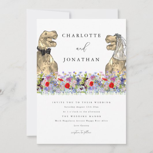 Dinosaur Wedding Boho Wildflower QR-code Kaart (Voorkant)