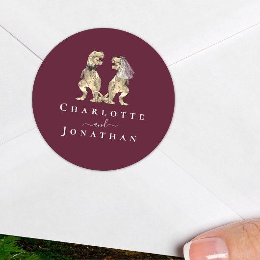 Dinosaur Wedding Bourgogne & Cream gepersonaliseer Ronde Sticker