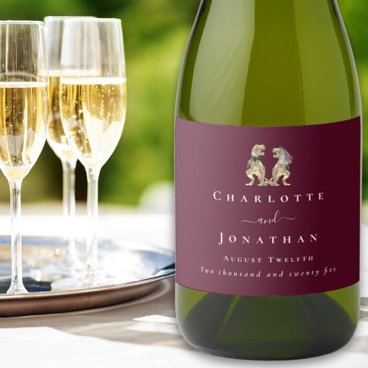 Dinosaur Wedding Bourgogne & Cream gepersonaliseer Sparkling Wijnetiket