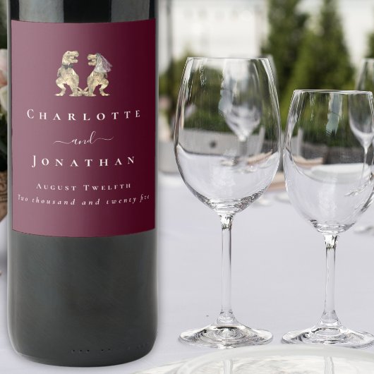 Dinosaur Wedding Bourgogne & Cream gepersonaliseer Wijn Etiket