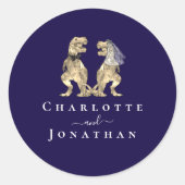 Dinosaur Wedding Marine Blauw & Wit Gepersonalisee Ronde Sticker (Voorkant)