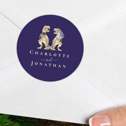 Dinosaur Wedding Marine Blauw & Wit Gepersonalisee Ronde Sticker