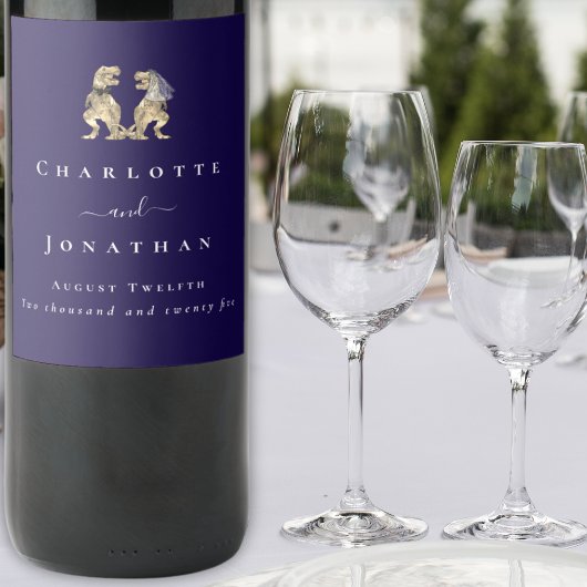 Dinosaur Wedding Marine Blauw & Wit Gepersonalisee Wijn Etiket