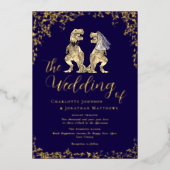 Dinosaur Wedding Navy Blauw en Goud Folie Uitnodiging (Voorkant)
