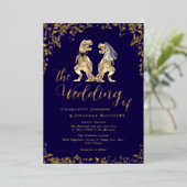 Dinosaur Wedding Navy Blauw en Goud Folie Uitnodiging (Staand Voorkant)