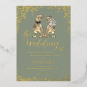 Dinosaur Wedding Sage Green and Gold Folie Uitnodiging (Voorkant)