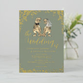 Dinosaur Wedding Sage Green and Gold Folie Uitnodiging (Staand Voorkant)