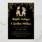Dinosaur Wedding T-Rex Bride & Groom Black & Gold  Folie Uitnodiging (Voorkant)