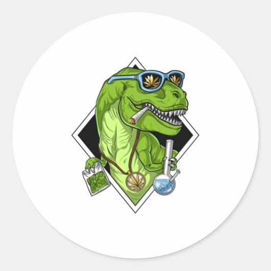 Dinosaur Weed T-Shirt T-Rex Dinosaur Stoner Ronde Sticker (Voorkant)