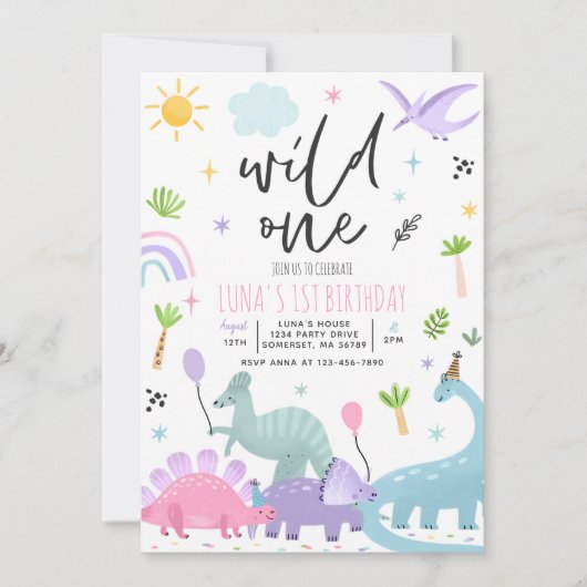 Dinosaur Wild One 1st Birthday Party Kaart (Voorkant)