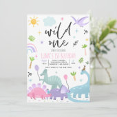 Dinosaur Wild One 1st Birthday Party Kaart (Staand voorkant)