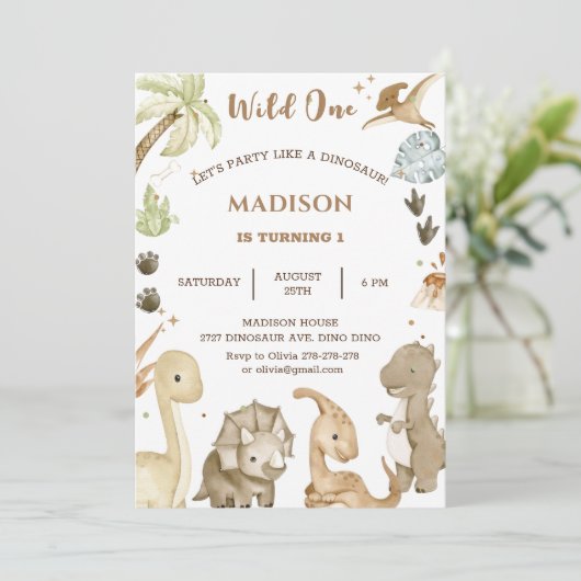 Dinosaur Wild One 1st Birthday Party Kaart (Staand voorkant)